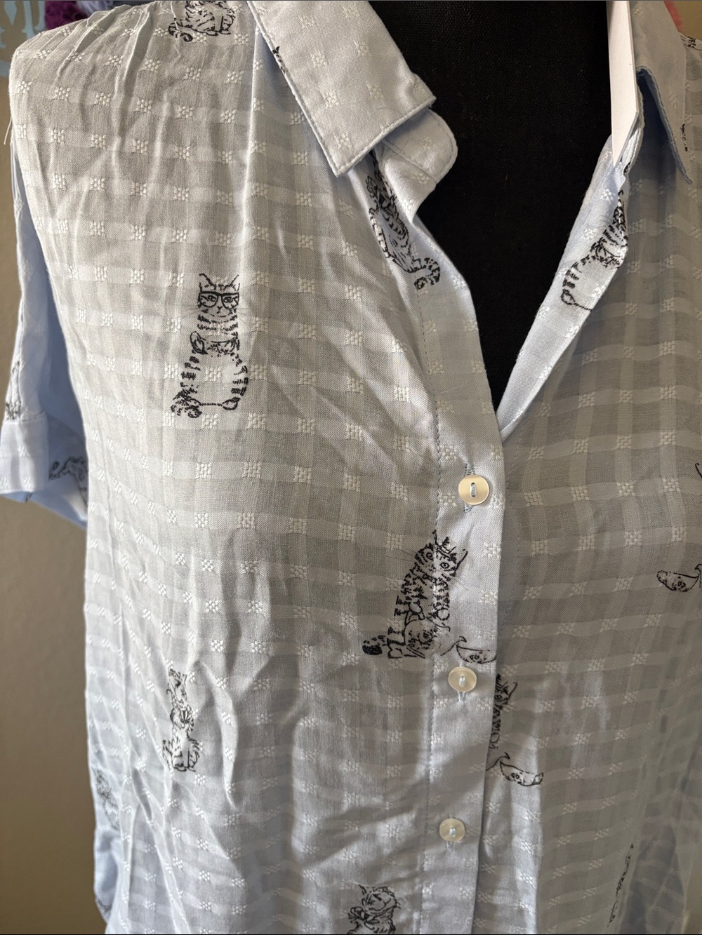 Jane and Delancey Light Blue Checked Button-Up Blouse with Cat Print - Picture 2 of 3